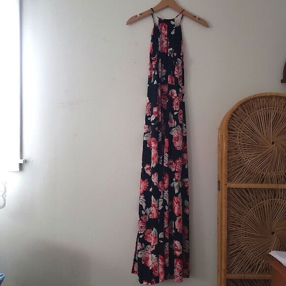 Candie's Floral Rose Print Halter Maxi Dress Skirt Slits Black Pink Keyhole S - Picture 6 of 9